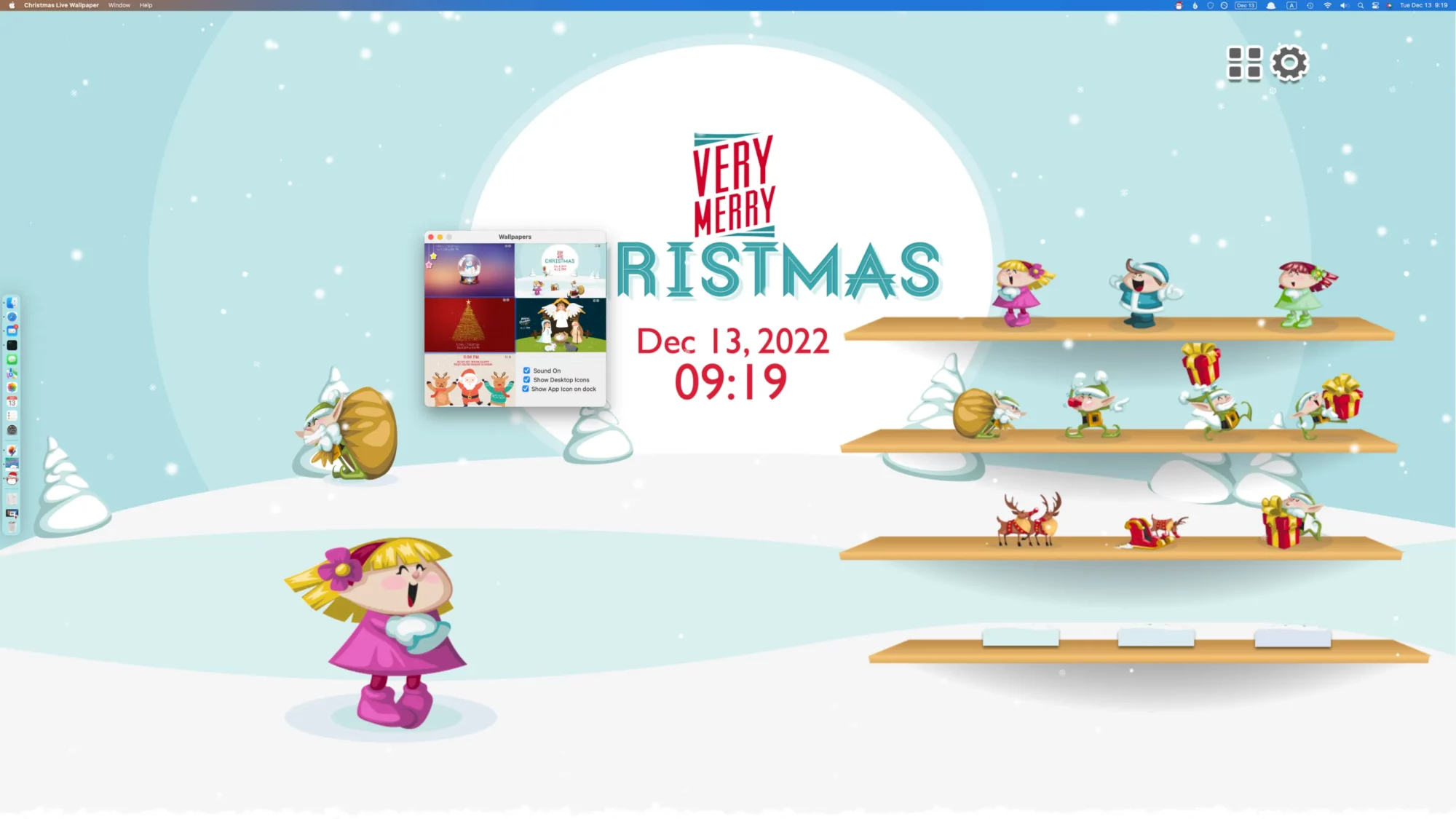 A Mac Desktop showing a Christmas scene, and a "bookshelf" of optional characters that can be animated in the scene. 